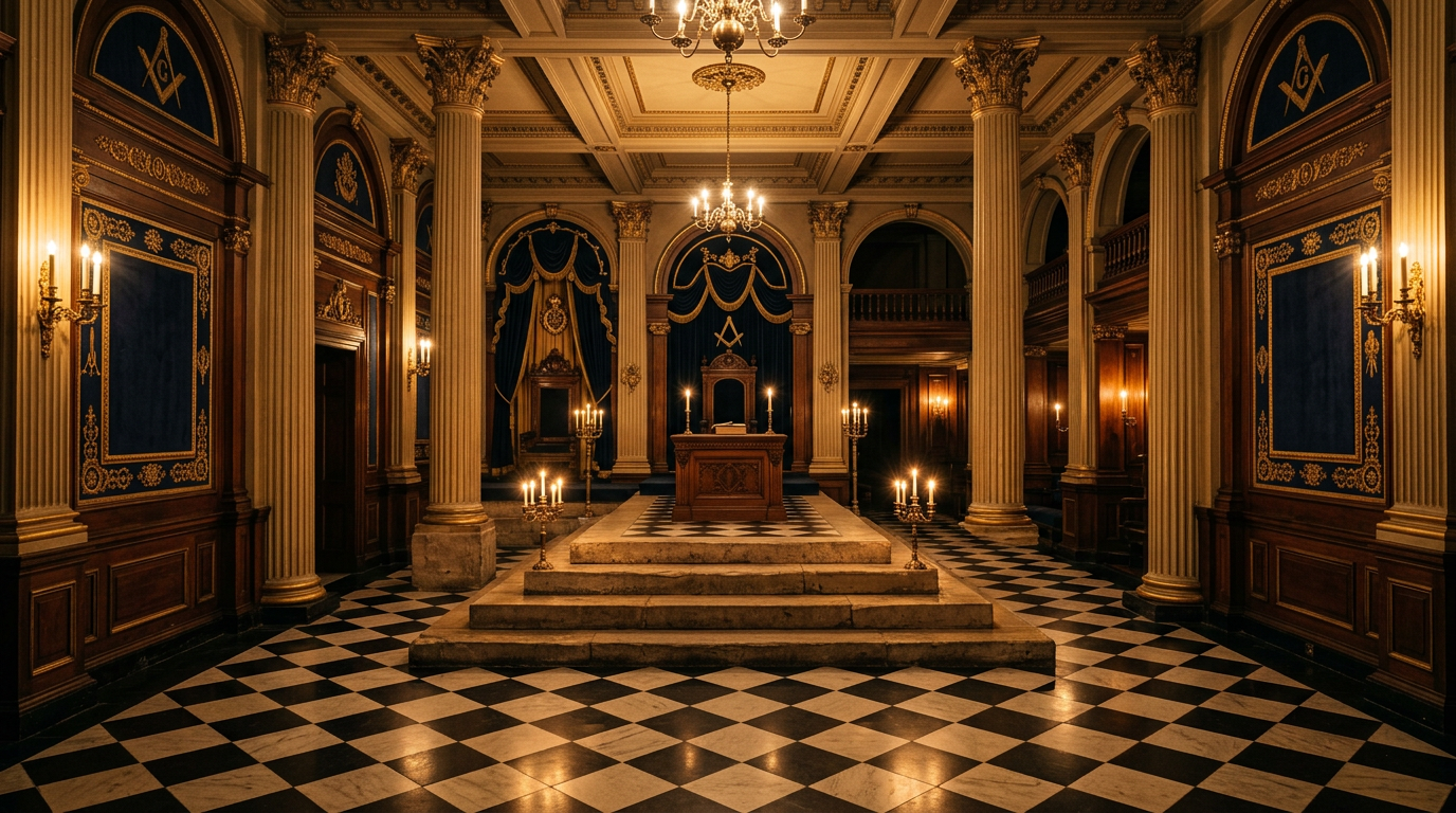 Three stone steps rising in a candle-lit lodge hall with a checkered floor