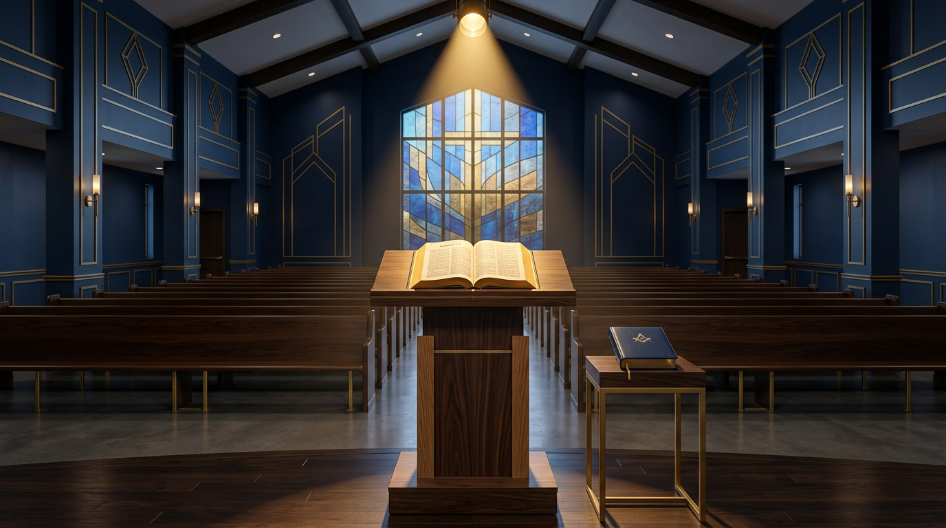 An empty church pulpit with an open Bible under warm light