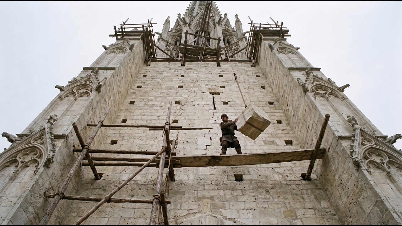Medieval stonemasons building a Gothic cathedral