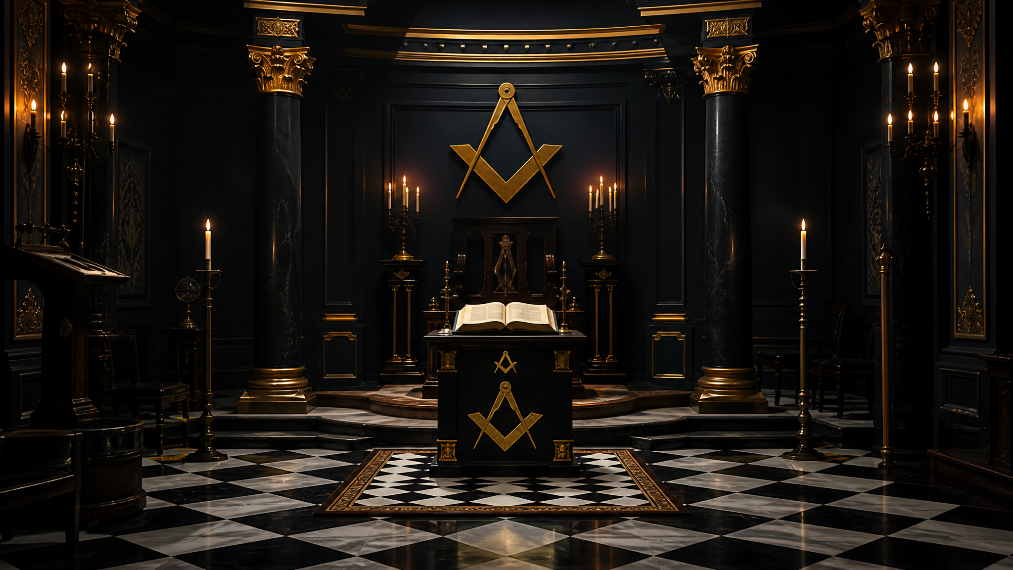 A Masonic lodge room set for a Freemasonry ritual and degree ceremony