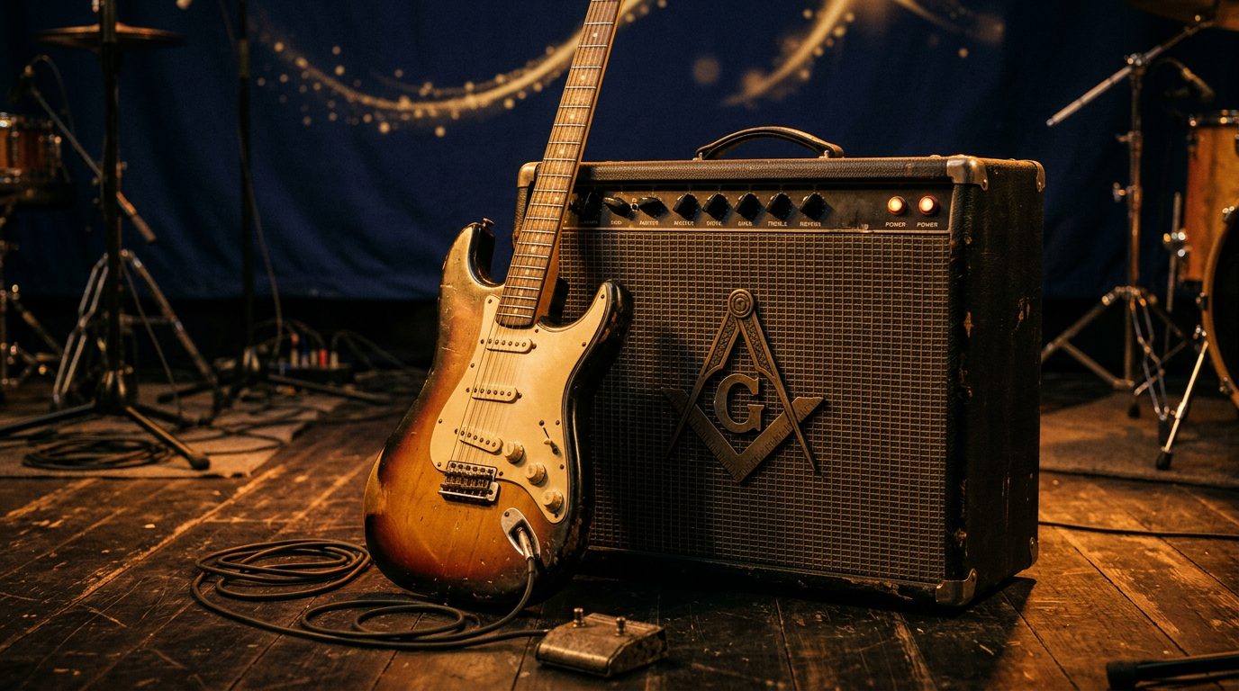 A vintage electric guitar and amplifier on a dimly lit stage