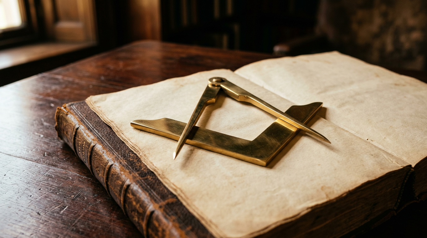 A brass Masonic square and compasses resting on an open book