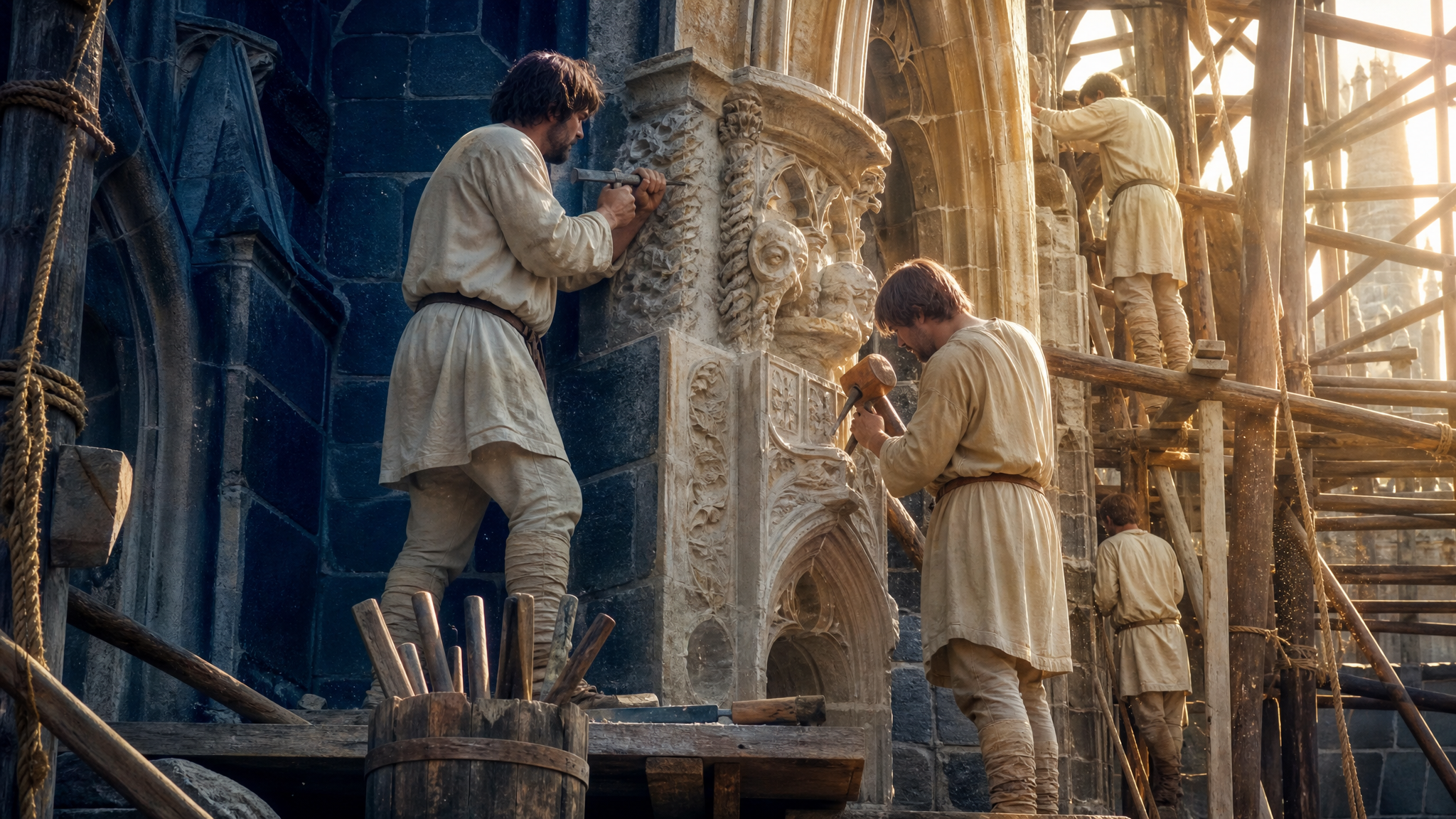 Medieval operative stonemasons building a Gothic cathedral, the origins of Freemasonry