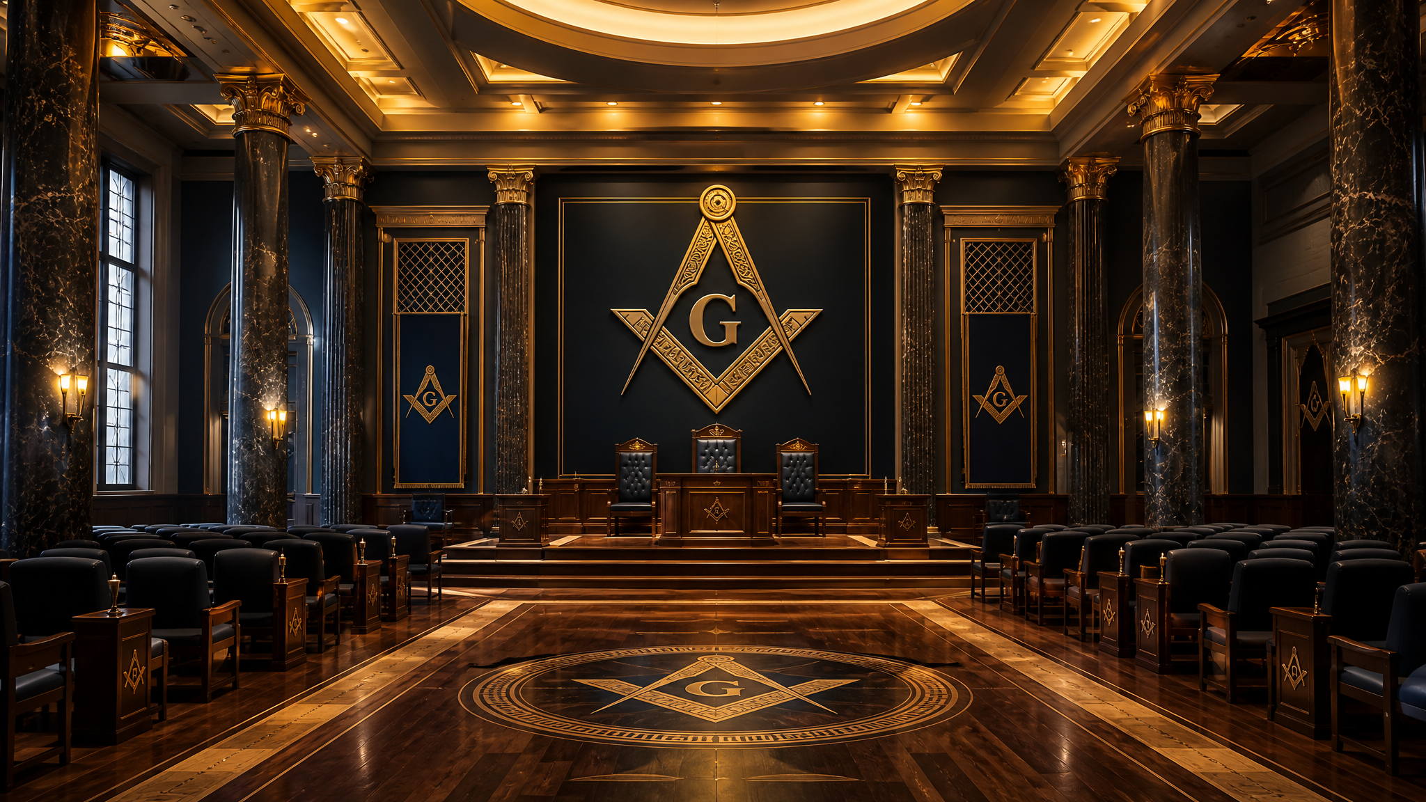 A modern Masonic lodge room representing Freemasonry as a contemporary global fraternity