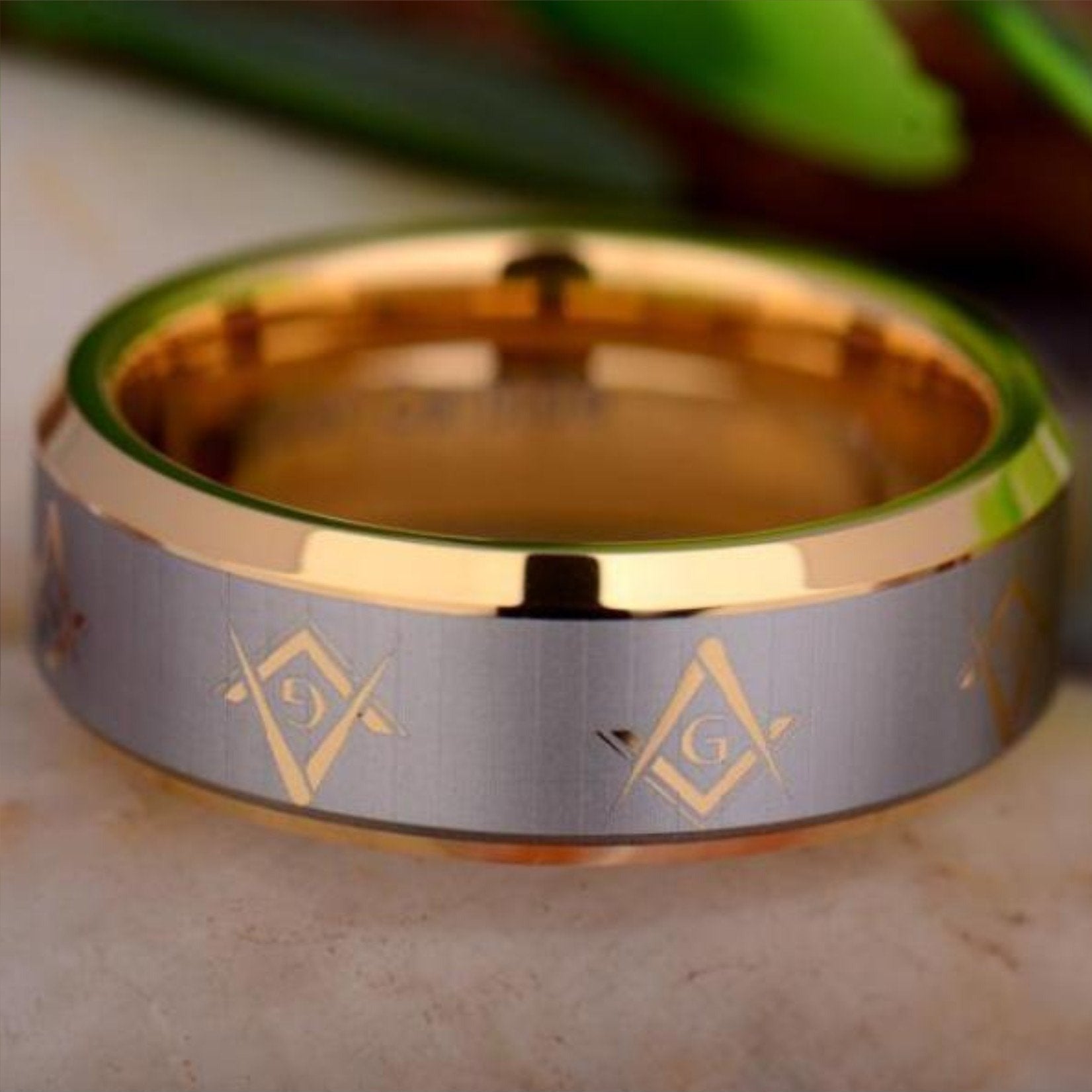 Master Mason Ring — Gold Beveled Tungsten
